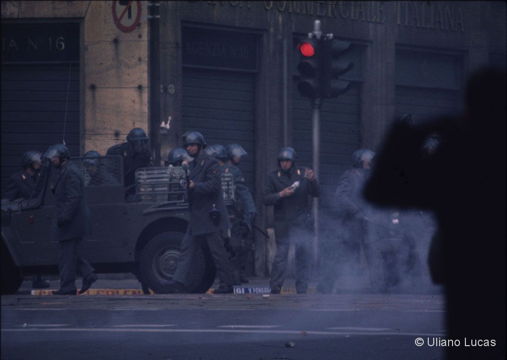 Clashes between police and students in Porta Romana avenue during a demonstration, Milan, 1971