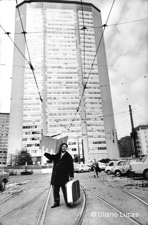 Sardinian immigrant near the Pirelli skyscraper, Milan, 1968