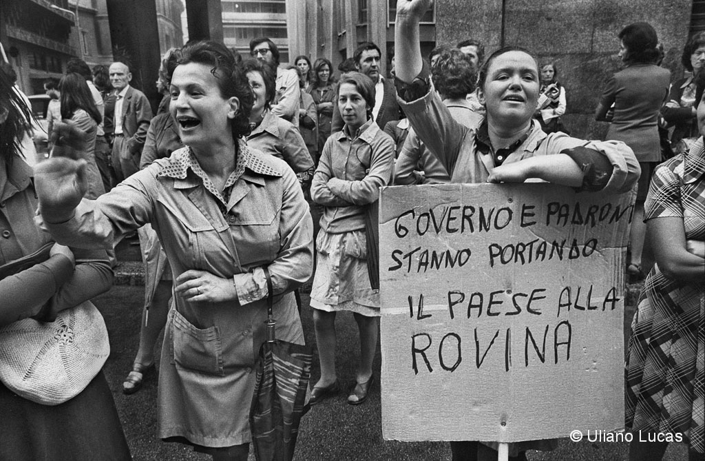 Workers of the Imperial and Alfa Romeo industries during a trade union demonstration in front of the Assolombarda, Milan, September 1975