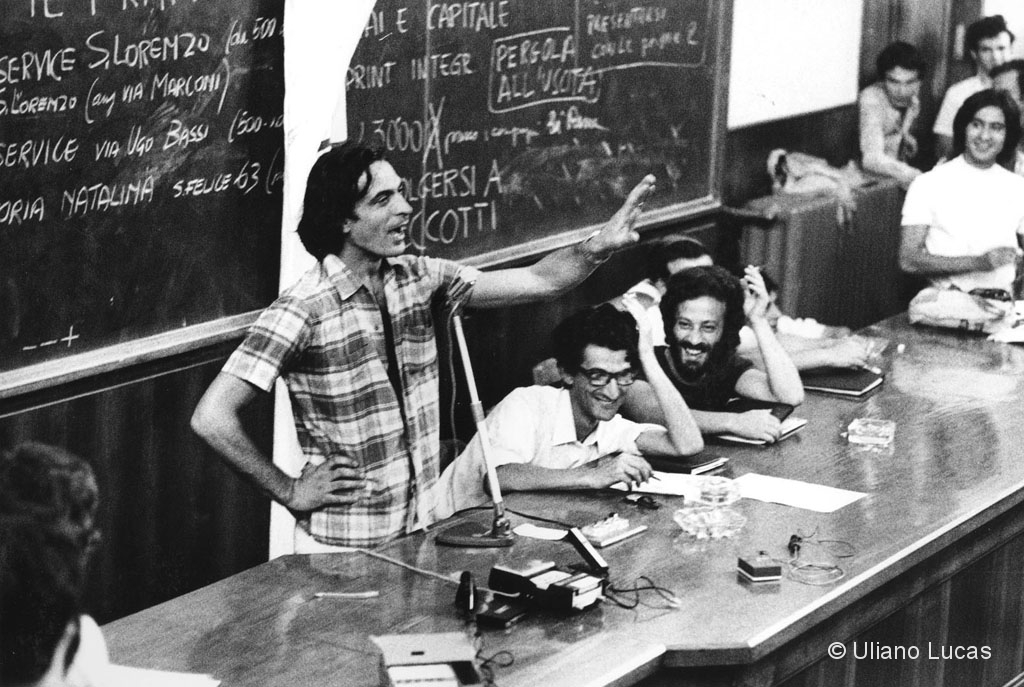 Giairo Daghini speaks at the conference of Potere Operaio (Workers' Power) at the University of Bologna, 1970 (To his left you recognize Toni Negri and Bruno Crimi)