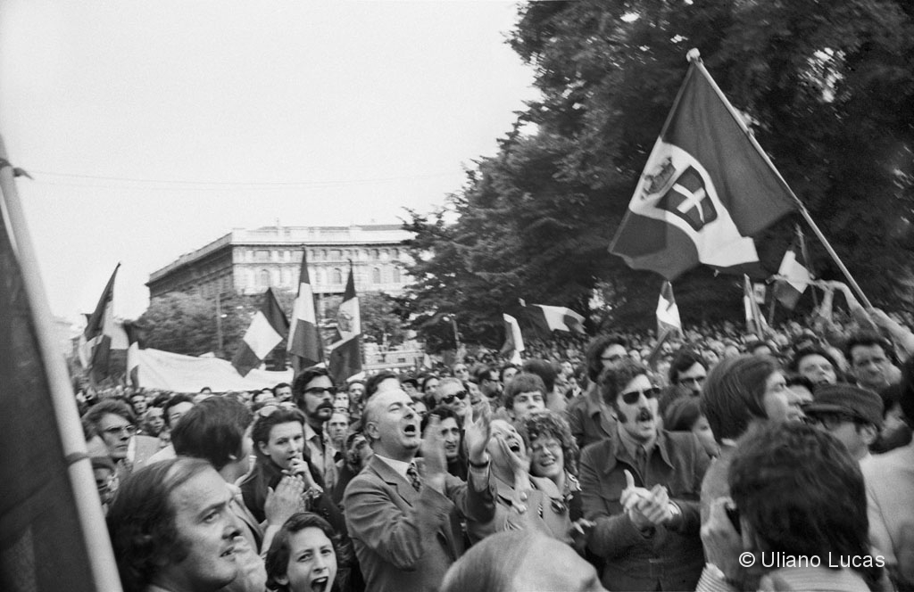 The Social Movement politician Franco Servello at Castello square during the march of the Maggioranza silenziosa (Silent Majority), Milan, 1971