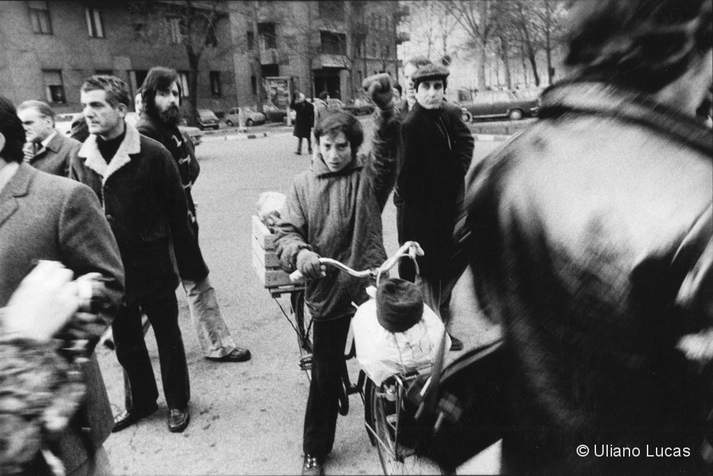 The greeting at the funeral of Roberto Franceschi, a Bocconi University student killed by a police bullet during a demonstration, Milan, February 1973