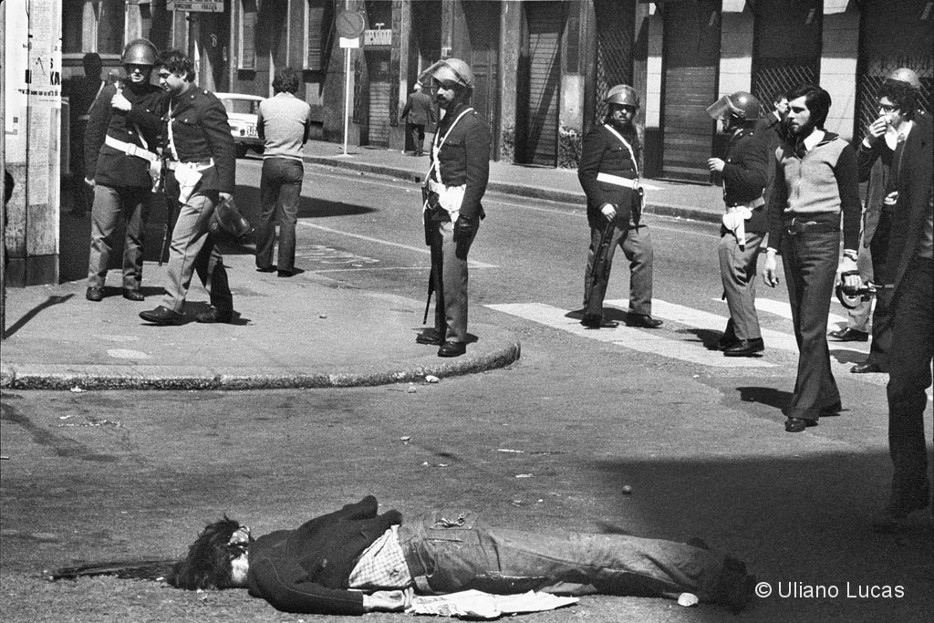 The body of Giannino Zibecchi killed by a truck of the police during a demonstration, Corso XXII Marzo, Milan, 1975