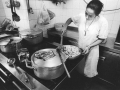 The kitchen of a restaurant in the old town, Genoa, 1994